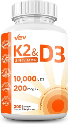 [BRSRAHAPBF5BYFLD] VEV Vitamin D3 K2 – Easy-to-Swallow Capsules, 300 Capsules (Packaging May Vary)
