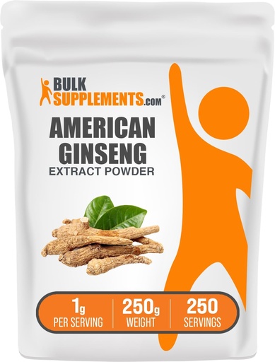 [BRSWGYIRCEIWKCD4] BulkSupplements.com American Ginseng Extract Powder - Ginseng Supplement, Herbal Supplements - Gluten Free, 1g per Serving, 250g (8.8 oz) (Pack of 1)