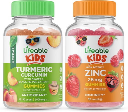[BRSW2H36AUIWEGT3] Lifeable Turmeric Curcumin Kids + Zinc 25mg Kids, Gummies Bundle - Great Tasting, Vitamin Supplement, Gluten Free, GMO Free, Chewable Gummy