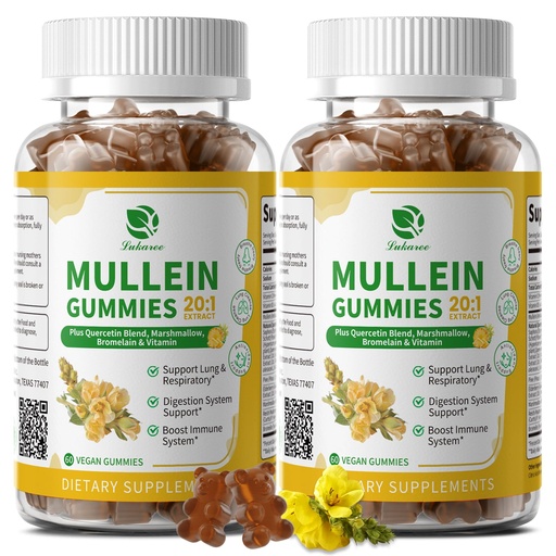 [BRSROCDRC4MWAELK] (2 Pack) 9 in 1 Mullein Gummies for Lung Cleanse & Lymphatic Drainage*, Extra Strength Mullein Leaf Extract w/Quercetin, Bromelain, Elderberry & Marshmallow for Respiratory & Immunity,Vegan,120 Count