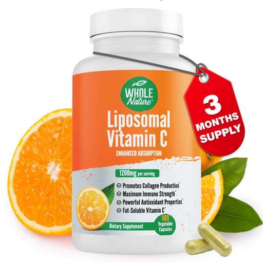 [BRSWYZ35CJYR42DJ] Liposomal Vitamin C Supplement Pills 1200 mg - High Absorption 180 Vegan Capsules Fat Soluble VIT C, Maximum Strength Immune System and Collagen Booster, Sunflower Lecithin