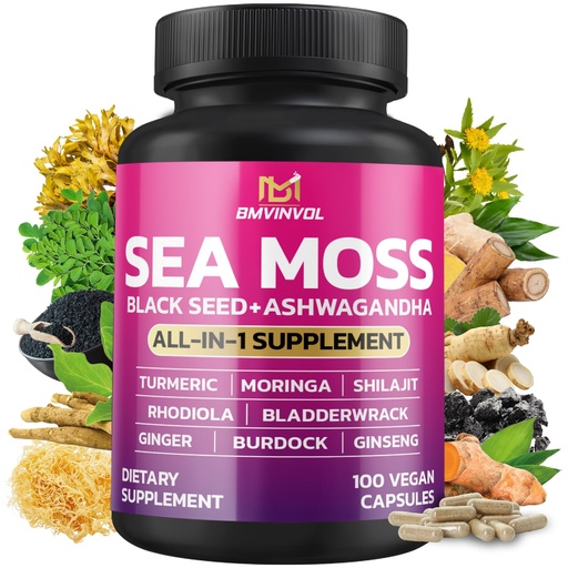 [BRSRAHADOF4BACT5] BMVINVOL Sea Moss Black Seed Shilajit Ashwagandha + Bladderwrack, Ginger, Moringa, Turmeric, Burdock, Ginseng, Rhodiola Rosea - 100 Capsules