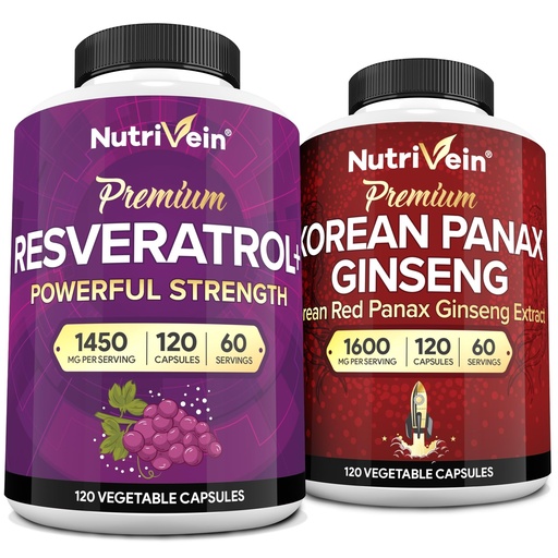 [BRSRABI2CUNWMALO] Nutrivein Premium Korean Panax Ginseng Supplement & Resveratrol Supplement Bundle: High-Absorption Resveratrol Capsules & Ginseng for Brain, Defenses, Repair, & Vitality