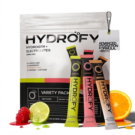 [BRSRAHACBF6BOHL3] Hydrofy Hydrogen Water + Electrolytes Drink Mix - Variety Pack | H2 Hydration Packets with Molecular Hydrogen, Sodium, Potassium, Magnesium | Lemon Lime, Raspberry, Orange + Caffeine | 12 Count