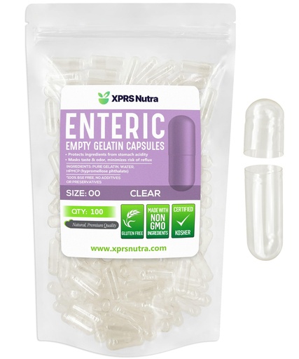 [BRSRAYY6OYFR4YDZ] XPRS Nutra Size 00 Empty Capsules - 100 Count Clear Enteric Coated Empty Gelatin Capsules - Delayed Release Pills - DIY Capsule Filling - Pure Bovine Empty Enteric Gel Caps