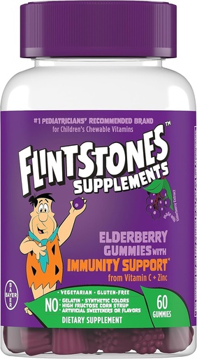 [BRSWYGQOBABAEH3Z] Flintstones Vitamins Elderberry Gummies for Kids with Immunity Support from Vitamin C & Zinc, Immune Support Gummies, Multivitamin for Kids, Gluten Free, 60 Count
