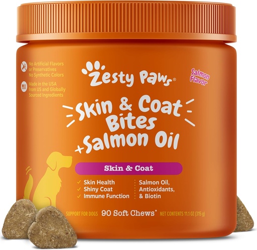 [BRSWECARDNYGODLK] Zesty Paws Salmon Oil for Dogs Skin and Coat, אומגה 3 דגים צ'יפס, כלבי אלרגיה להקל צ'אנס, תוסף Itch Relief, 90 Count, Salmon Flavor