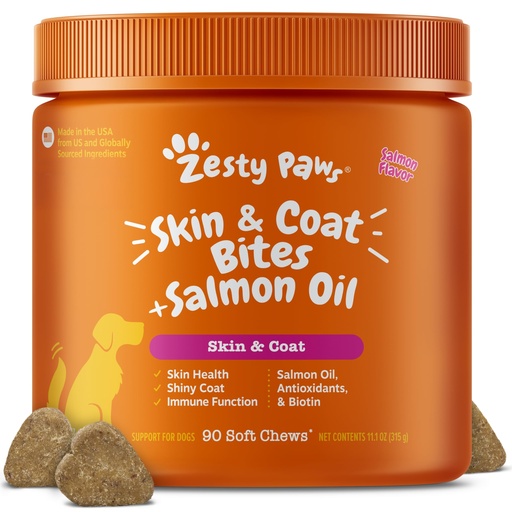 [BRSWECARDNYGODLK] Zesty Paws Salmon Oil for Dogs Skin and Coat, Omega 3 Fish Oil Chews, Dog Allergy Relief Chews, Itch Relief Supplement, 90 Count, Salmon Flavor