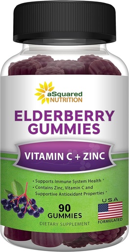 [BRSW2YYECEJR6YDL] aSquared Nutrition Sambucus Elderberry Gummies mit Zink und Vitamin C - Kaubare Gummy Ergänzung Alternative zu Kapseln Pillen - Schwarze Elderbeeren w/VIT C für Erwachsene Immununterstützung - 90 Gummi