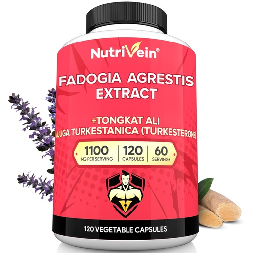 [BRSRAFQEAAPGCE3B] Nutrivein Premium Fadogia Agrestis and Tongkat Ali Supplement with Turkesterone - 1100 mg - 120 Caps - Synergistic Blend for Performance, Strength, & Recovery for Men & Women of All Ages