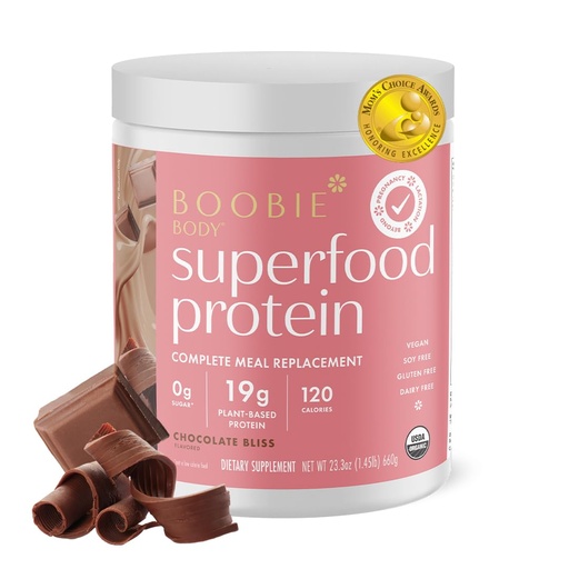 [BRSWGFT6BEBR4DLA] Boobie Body Superfood Protein Pregnancy and Postpartum Meal Replacement Shake, Chocolate Bliss Flavor | 19g Protein | Safe for Lactation & Motherhood | Organic, Vegan, Zero Sugar, 1 Tub (20 Servings)