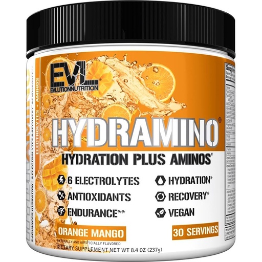[BRSWGBQQBEHQMHQY] Evlution Nutrition HYDRAMINO Complete Hydration Multiplier, All 6 Electrolytes, Vitamin C & B, Fluid Boosting Aminos, Coconut Water, Endurance, Recovery, Antioxidants, 30 Serve, Orange Mango