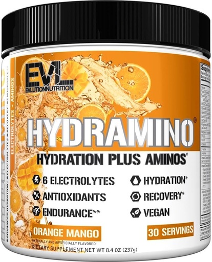 [BRSWGBQQBEHQMHQY] Evlution Nutrition HYDRAMINO Kompletny mnożnik nawodnienia, Wszystkie 6 Elektrolity, Witamina C & B, Fluid Aminos Boosting, Woda kokosowa, Wytrzymałość, Odzysk, Przeciwutleniacze, 30 Serw, Pomarańczowy mango