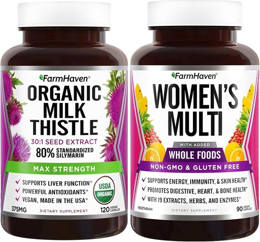 [BRSW2ZQTCMMB4GT5] FarmHaven Milk Thistle Capsules and Multivitamin for Women | 22 Essential Nutrients, Fruits & Veggies Womens Multivitamin | Boosts Energy, Immune, Heart Health Bundle