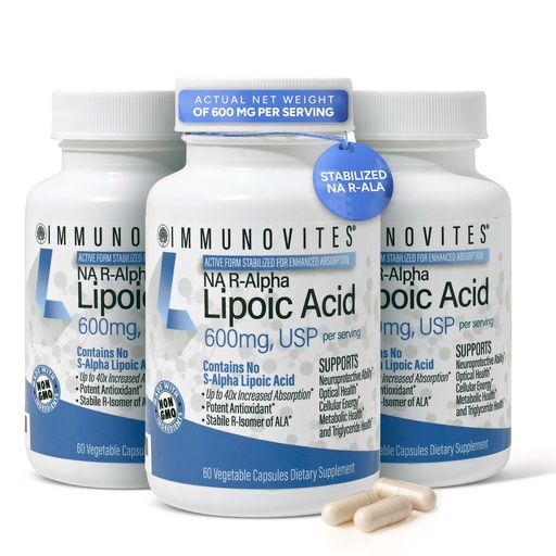 [BRSWGCYLPIMGCDLH] IMMUNOVITES 3-Pack Stabilized R-Alpha Lipoic Acid ((True)) 600mg per Serving [[High Potency & up to 40x Increased Absorption]] (Na R-ALA) (Na R-LA) (Na R-Lipoate) (3 Bottles)