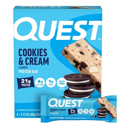[BRSWIB3YCZ5QOHDY] Quest Nutrition Cookies & Cream Protein Bars, 21g Protein, 4g Net Carbs, 1g Sugar, High Fiber, Gluten Free, Keto Friendly, 4 Count