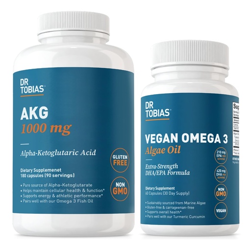 [BRSRAFANCMPRAA3O] Dr. Tobias AKG Supplement & Vegan Omega 3 Algae Oil, Support Cellular Energy & Overall Health with AKG, EPA & DHA, Vegan, Gluten-Free, Non-GMO