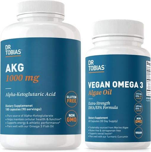 [BRSRAFANCMPRAA3O] Dr. Tobias AKG suplementari & Vegan Omega 3 Algae Petroli, ajuda a l'Energia cel·lular i en general la salut amb AKG, EPA & DHA, Vegan, Guten- Free, No-GMO