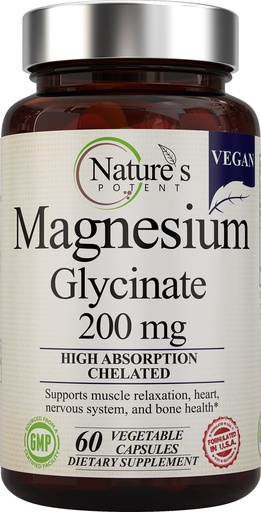 [BRSRAFD6DIPGCA3O] Nature’s Potent Magnesium Glycinate 200mg | High Absorption Chelated Magnesium | Sleep, Calm & Muscle Cramp Support | Vegan Supplement | 60 Capsules