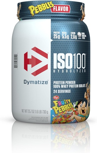[BRSRA233BUCQME3J] Dymatize x Fruity Pebbles ISO100 Whey Protein Powder Isolate, 25g of Protein, 20 Servings, 5.5g BCAAs, 120 Cal., Gluten Free, 1g Fat, 1g Sugar, 2g Carb (24 Servings)
