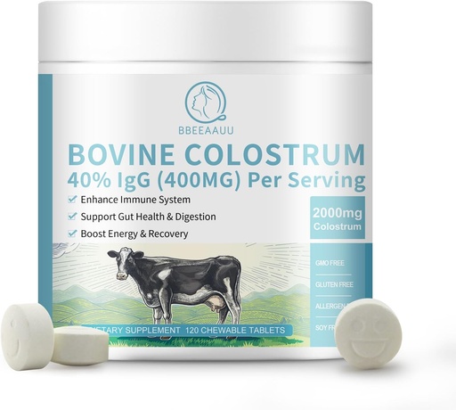 [BRSRAEABO4MRSHLZ] Bovine Colostrum 120 Tabletter, 2000mg Colostrum Supplement 40% IgG, för Immune Support, Gut Health, Hair Growth, Energy, 100% Grass Fed & First-Milking, Gluten-Free, Soy-Free