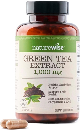 [BRSRAZQRAAOQKETG] NatureWise Green Tea Extract Capsules 1000 mg - 50% EGCG & 98% Polyphenols - Extra Strength Green Tea Pills - Αντιοξειδωτικά για την Υγεία της Καρδιάς & Ενέργειας - Vegan, Non-GMO - 60 Count[30-Day Supply]