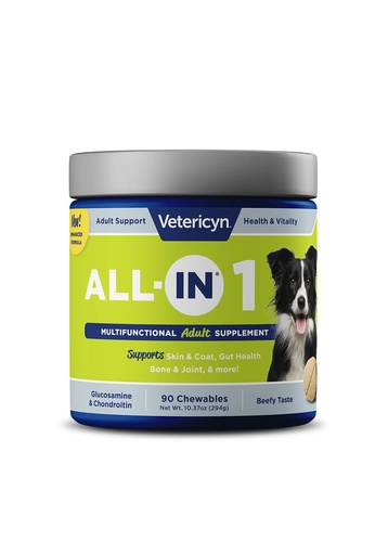 [BRSWGCQKOAFBUH3L] Vetericyn All-in 1 Multifunctional Dog Supplement | Digestive Enzymes + Glucosamine and Chondroitin for Bone and Joint Support + Vitamins, Antioxidants, Prebiotics, Probiotics, and Omegas. 90 Count