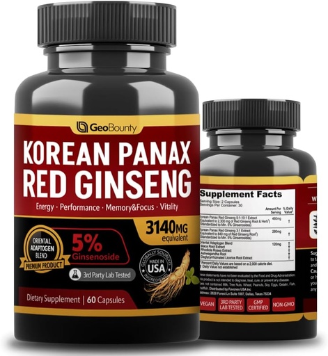 [BRSRMCAYBAGQ4CT6] Korean Panax Red Ginseng, Red Ginseng Supplements Premium 3140mg (Ginsenoside 5%) Korean Red Ginseng Intensive 60 Capsules (Maca Root) Made in USA