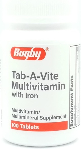 [BRSW2BI3DF7B4ADU] Rugby Laboratories Tab-A-Vite Multivitamin with Iron Multimineral Supplement Vitamin A, C, D Thiamin Riboflavin Niacin Folate Pantothenic Acid 100 Tablets (Pack of 1)