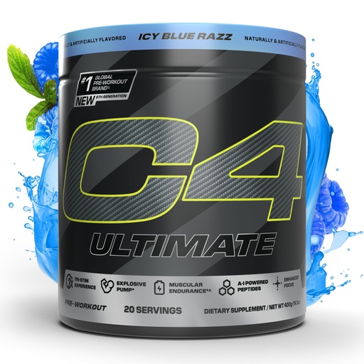 [BRSROCD6PMBAIALH] Cellucor C4 Ultimate Pre Workout Powder - Sugar Free Preworkout Energy Supplement for Men & Women - 300mg Caffeine + TeaCrine + Dynamine + Creatine - ICY Blue Razz, 20 Servings