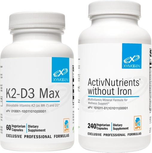 [BRSROGT5OAHQYELO] XYMOGEN ActivNutrients Without Iron (240 капсули) + K2-D3 Max (60 капсули) - Multiвитамини за енергия и поддръжка на настроението с витамин D 5000 IU капсули + Витамин K2