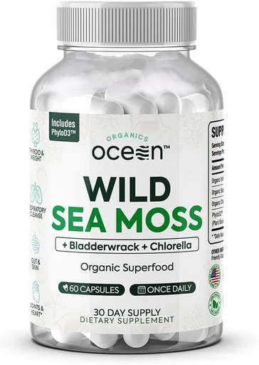 [BRSROBQDCIJQG232] Organic Ocean Wild Sea Moss Kapsułki - 100% Organic Irish Sea Moss z Organic Chlorella, Bladderwrack i witaminy D dla energii, Lung Health i Tyroid Wsparcie dla kobiet i mężczyzn - 60 Kapsułki