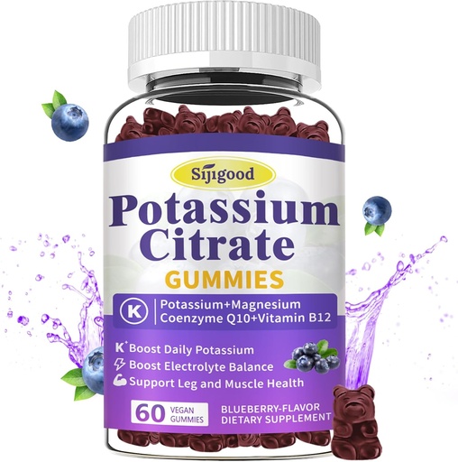 [BRSRAHYHAQOQEFYZ] Gummies de citrato de potasio - Suplemento de potasio para la salud muscular, alivio de cáscara de pierna " equilibrio de electrolitos, vegano, no OMG, libre de gluten, sabor de arándanos, 60 conteo