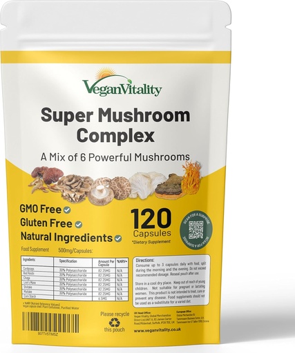 [BRSWGBQ7OYORS3DX] Vegan Vitality Multi Mushroom Supplement Complex - 120 Capsules with Reishi, Chaga, Shitake, Maitake, Lion's Mane and Cordyceps for Brain, Energy, Focus & Memory Support