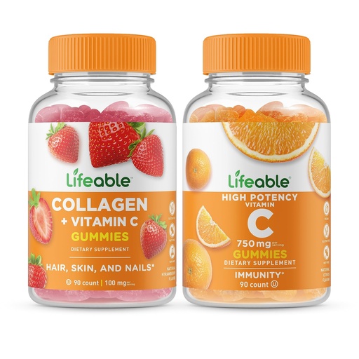 [BRSROFIEA4NBQFDL] Lifeable Collagen & Vitamin C + Vitamin C 750mg, Gummies Bundle - Great Tasting, Vitamin Supplement, Gluten Free, GMO Free, Chewable Gummy