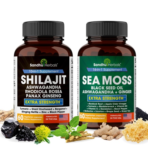 [BRSROCQ7CINBM23J] Shilajit Sea Moss Ashwagandha Combo Bundle - Black Seed Oil, Turmeric, Rhodiola Rosea, Panax, Ginseng Supplement | 120 Capsules, Better Than Gummies, Resin | Seamoss for Men & Women
