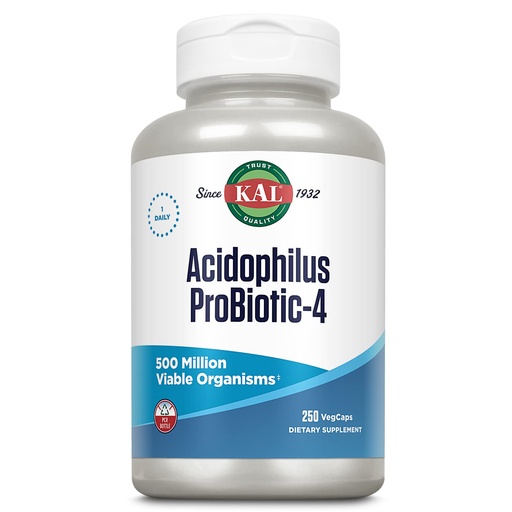[BRSWIYQHDEHRCCDA] KAL Acidophilus ProBiotic-4, 500 Million CFUs, Four Probiotic Strains, Probiotics for Women and Men, Freeze Dried, L. acidophilus, L. bulgaricus, S. thermophilus, B. bifidum, 250 Servings, 250 VegCaps