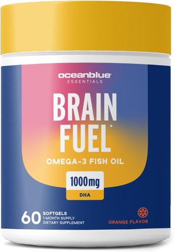 [BRSROHY3O4ORSELZ] Oceanblue Essentials Brain Fuel – 60ct – Huile de poisson sans Burpless – Supplément Omega 3 DHA de haute puissance pour le soutien du cerveau et des yeux – 1000 mg – Saveur d'orange savoureux – 1 mois d'approvisionnement