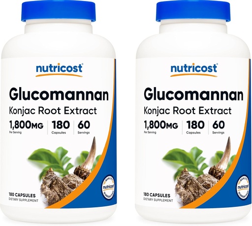 [BRSWKGQYDEFWA33Y] Nutricost Glucomannan 1,800mg Por Serving, 180 Capsules (2 Botellas)