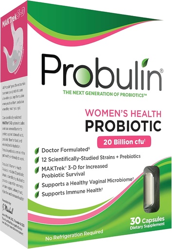 [BRSWIGIYBQFWAH3M] Probulin Womens Health Probiotic + Prebiotic pentru Vaginal, Gut & Immune Health - 20 Miliarde CFU - 12 Probiotice Strine, 30 Vegan capsule