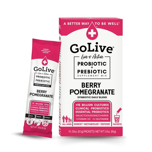 [BRSWIYA4C4OWYFDY] GoLive Prebiotic and Probiotic for Women, Men, Kids. Berry Pomegranate Synbiotic Powder w/ L-Glutamine, Vitamin D3, Electrolytes. For Gut Health, Digestion, Metabolism, Immunity 15-50B CFUs.