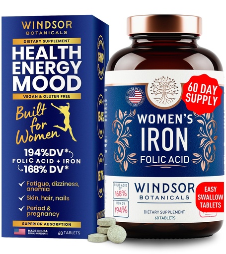 [BRSRACANAAGR42Q2] Iron and Folic Acid Supplements for Women - 35mg Gentle Iron Vitamin, Folic Acid 400mcg - Anemia, Period, Pregnancy Support Supplement, Ferrous Sulfate Pills - 60 Vegan Non-Constipating Tablets