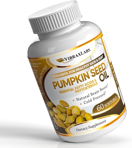 [BRSWG2Q5OV6QYHTU] vibraxlabs Pumpkin Seed Oil - 100% Cold Pressed Pure 1000mg Extraction - Best for Hair Growth, Younger Looking Skin & Face, Bladder Control Supplement, 60 Softgels