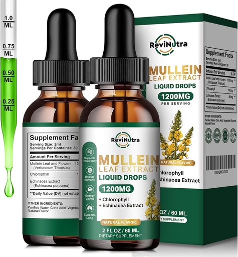 [BRSRAHY7BYFWKCLL] 2 Pack Mullein Drops for Lungs, 1200mg Mullein Leaf Extract Liquid Drops with Chlorophyll for Lung Cleanse & Detox, Support for Respiratory, Immune, Digestive System
