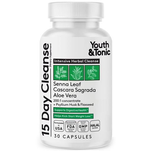 [BRSWY234OV5R4AA4] Youth & Tonic 15 Day Cleanse – Colon & Gut Cleanse Detox Reset for Plateaus, Belly Bloating & Regularity, Digestive Health – for Women & Men, 30 Pills