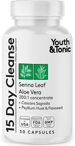 [BRSWY234OV5R4AA4] Youth & Tonic 15 Day Cleanse: Gut Health and Colon Detox to Break The Plateau, Helps with Belly Bloat, Regularity, and for Feeling Lighter and More Energized for Men & Women, Made in USA, 30 Pills