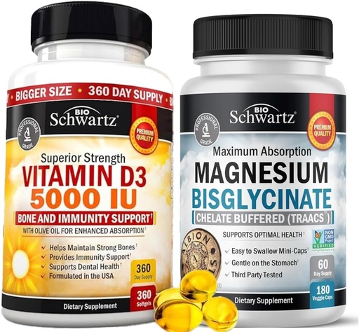 [BRSRAAAOAUFA43IV] High Strength Vitamin D3 5000 IU 125 mcg (1 Year Supply) Plus High Absorption Magnesium Bisglycinate Capsules (2 Month Supply)
