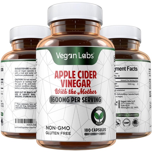 [BRSROZAROEPRA2A7] Vegan Labs Apple Cider Vinegar Capsules with The Mother- 180 Vegan Capsules, 1600MG Per Serving- 100% Natural ACV Pills- Supports Healthy Digestion, Keto, Weight Management, Detox, and Immune System