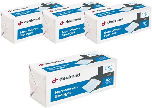 [BRSW2YYYAV4B4H3O] Dealmed Non-Woven Gauze Sponges - 4-Ply, 4" x 4" All-Purpose Non-Sterile Absorbent Dental Gauze Wound Care for First Aid Kit/Medical Facilities, 200 Count (Pack of 4)