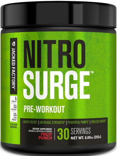 [BRSWGBQKAEAQOCYU] Jacked Factory NITROSURGE Pre Workout Supplement - Endless Energy, Instant Strength Gains, Clear Focus, Intense Pumps - NO Booster & Powerful Preworkout Energy Powder - 30 Servings, Fruit Punch